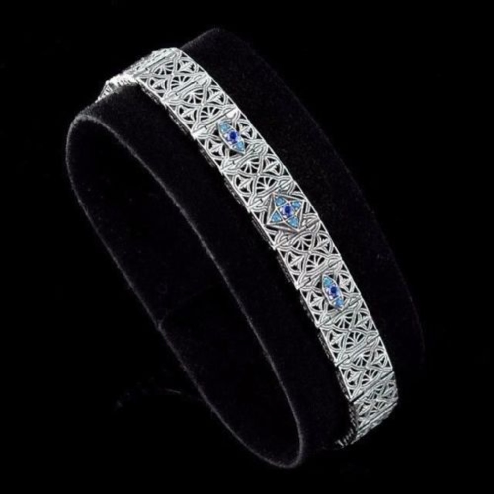 Sapphire & Opal 925 Sterling Silver Vintage Filigree Bracelet 7 & earrings